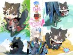  2boys ? animal_ears black_coat black_gloves black_hair blue_eyes blue_hair chibi coat ear_piercing fang flower genshin_impact gloves grey_hair hair_between_eyes hair_ornament highres holding long_hair long_sleeves male_focus miyakami multicolored_hair multiple_boys multiple_views musical_note neuvillette_(genshin_impact) piercing pointing pointy_ears scar sitting skin_fang starfish tail translation_request violet_eyes wriothesley_(genshin_impact) yellow_flower 