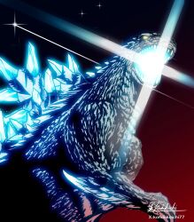  bioluminescence claws elbow_spikes giant giant_monster glowing glowing_mouth godzilla godzilla_(galaxy_odyssey) godzilla_(series) godzilla_galaxy_odyssey highres jaw kaiju koichi_77 monster mouth_beam no_humans open_mouth orange_eyes sharp_teeth sky spines star_(sky) teeth tokusatsu 