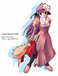  1girl 2000s_(style) 2005 artist_name bad_id bat_wings black_thighhighs black_wings blue_eyes breasts brown_shoes club_(weapon) cross cross_necklace dress drop_shadow flower flower_in_mouth fox_mask full_body garter_straps hair_between_eyes head_wings holding holding_club holding_weapon jewelry juliet_sleeves long_sleeves mask mask_on_head medium_breasts mutsuki_touko necklace pink_dress pink_flower priest_(ragnarok_online) puffy_sleeves purple_hair ragnarok_online red_sleeve_cuffs shoes side_slit sleeve_cuffs solo spiked_club thigh-highs weapon web_address wings 