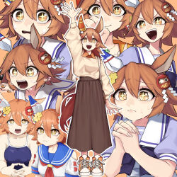  +_+ absurdres animal_ears bead_bracelet beads bracelet clover_hair_ornament daruma_doll ear_covers flipped_hair four-leaf_clover_hair_ornament good_fortune_symbol hair_ornament highres horse_ears horse_girl horse_tail jewelry matikanefukukitaru_(casual)_(umamusume) matikanefukukitaru_(good_omen_first_storm)_(umamusume) matikanefukukitaru_(rising_fortune)_(umamusume) matikanefukukitaru_(umamusume) orange_hair orange_tail sanada_ina school_uniform shide single_ear_cover tail tracen_school_uniform umamusume 