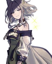  1girl animal_ear_fluff animal_ears arknights bare_shoulders black_choker blunt_bangs blush cat_ears cat_girl choker closed_mouth coffee_toranpu dot_nose dress extra_ears from_side green_dress green_eyes green_hair halterneck highres jacket kal&#039;tsit_(arknights) long_sleeves looking_at_viewer medium_hair off-shoulder_jacket off_shoulder open_clothes open_jacket see-through_clothes see-through_jacket simple_background smile solo sparkle squinting stethoscope stethoscope_around_neck upper_body white_background 
