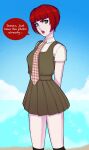  1girl :o absurdres angry arms_behind_back black_socks blue_sky blunt_bangs bob_cut breasts clouds collared_shirt commentary cumulonimbus_cloud danganronpa_(series) danganronpa_2:_goodbye_despair day dress dress_shirt english_commentary english_text eyelashes feet_out_of_frame freckles from_side furrowed_brow gingham_necktie green_dress green_eyes highres kneehighs koizumi_mahiru lips looking_at_viewer looking_to_the_side medium_breasts necktie ocean open_mouth outdoors pinafore_dress pleated_dress red_necktie redhead school_uniform shirt short_hair short_sleeves sky sleeveless sleeveless_dress socks solo sparkle speech_bubble standing talking teeth thick_eyebrows tulipsie-art two-tone_necktie upper_teeth_only white_necktie white_shirt 