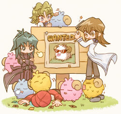  4boys black_coat black_pants blush_stickers bright_pupils brown_hair candy card coat crossed_arms duel_monster food fujiwara_yuusuke green_hair lollipop long_hair marufuji_ryo moisukii multiple_boys open_mouth pants playing_card scapegoat sunglasses sweat tenjouin_fubuki wanted_poster white_coat white_pupils yu-gi-oh! yu-gi-oh!_gx 
