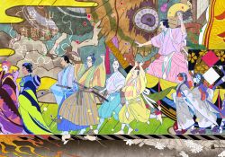  4girls 6+boys absurdres aqua_pants arm_hair back_bow bangs_pinned_back barefoot black_hair blue_hakama blue_kimono blue_socks bow brown_hair brown_hakama brown_kimono brown_socks chonmage commentary_request dark_skin facepaint facial_hair from_side gekijouban_mononoke green_kimono grey_kimono hair_ornament hair_stick hair_tubes hakama hand_fan highres holding holding_fan japanese_clothes kataginu kimono kiseru kyahan long_hair mizorogi_futsukazuki mizorogi_hokuto mizorogi_mikazuki mononoke motoyui mouse_(animal) multicolored_kimono multiple_boys multiple_girls mural naoi_masako nihongami obi okobo orange_hair orange_kimono otomo_botan pants paper_texture parade partially_colored pink_hakama platform_sandals profile purple_kimono purple_sandals saga_hiramoto sakashita_(mononoke) sandals sash shaved_head siblings smoking_pipe socks split_theme stubble tasuki tokita_fuki tokita_saburoumaru topknot twins undercut unnamed_short_palace_guard_(mononoke) unnamed_tall_palace_guard_(mononoke) walking watermark yellow_kimono yellow_pants 