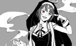  1girl absurdres akiwashi bandaid bandaid_on_face braid character_request cigarette facial_mark fingernails grey_background halo heterochromia highres holding holding_cigarette jewelry kamippoina_(vocaloid) monochrome nail_polish nun piercing ring smoke smoking spot_color tongue tongue_out tongue_piercing twin_braids 