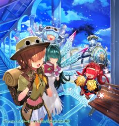  4girls aqua_hair asevi_andromeda_kushinada backpack bag belt bench blindfold blush_stickers brown_bag brown_belt brown_gloves brown_hair brown_hat campaign_hat capelet chibi closed_mouth clouds cloudy_sky copyright_notice cropped_shirt dress duel_masters esumeru_(duel_masters) fairy_wings fur-trimmed_capelet fur_trim gloves goggles goggles_on_headwear green_hair hair_over_eyes hat high_ponytail holding holding_pom_poms houhou_(duel_masters) ichimaru_kisuke light_particles locomotive long_hair medium_hair multiple_girls navel neckerchief official_art open_mouth pink_capelet pointing pointing_up pom_pom_(cheerleading) ponytail red_hair red_skirt skirt sky steam_locomotive teeth train_station upper_teeth_only very_long_hair white_dress white_skirt wings yell_(duel_masters) yellow_neckerchief 
