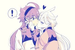  ! 2girls asticassia_school_uniform blush closed_eyes commentary dated greyscale gsm1nnn gundam gundam_suisei_no_majo hairband hand_on_another&#039;s_face heart kiss kissing_cheek long_hair long_sleeves miorine_rembran monochrome multiple_girls ponytail school_uniform simple_background spoken_exclamation_mark suletta_mercury thick_eyebrows yellow_background yuri 