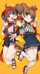  2girls :d absurdres ahoge black_eyes black_shorts black_skirt blue_necktie blush_stickers brown_hair burger commentary_request food hairband highres imadake_dabuchi_tabemi looking_at_viewer mcdonald&#039;s multiple_girls necktie orange_background ranf red_hairband samurai_tamago_tabemi shirt shorts skirt smile striped_clothes striped_shirt vertical-striped_clothes vertical-striped_shirt visor_cap white_shirt x_(symbol) 