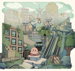  absurdres blush_stickers chain-link_fence clock colored_skin escalator fence ferris_wheel highres hiuo_(zppt2532) kirby kirby_(series) kirby_and_the_forgotten_land lamppost no_humans outdoors palm_tree pink_skin ruins signature string_of_flags tree utility_pole wondog wondy 