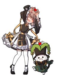 2girls arch_bishop_(ragnarok_online) asuta_(kinakomoti300) black_bow black_bowtie black_dress black_hat black_shoes bow bowtie brown_hair cat_girl cat_tail cattail closed_eyes commentary_request cross dress dress_bow frilled_dress frilled_sleeves frills full_body furry furry_female green_dress hat heart heart_hands long_sleeves mask masked multiple_girls official_alternate_costume open_mouth plant ragnarok_online shoes simple_background smile summoner_(ragnarok_online) tail thigh-highs top_hat two-tone_dress white_background white_dress white_thighhighs wide_sleeves yellow_bow 