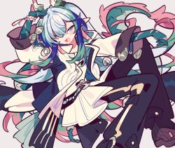  1boy :d arknights colored_skin dragon_boy dragon_horns dragon_tail green_hair hair_over_one_eye highres horns jacket looking_at_viewer male_focus multicolored_hair open_clothes open_jacket pants pointy_ears purple_hair sidelocks smile solo tail white_hair white_jacket yi_(arknights) ym_dpl 