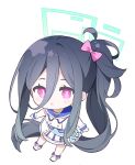  &lt;key&gt;_(blue_archive) 1girl absurdly_long_hair absurdres black_bow black_hair blue_archive bow chibi dress hair_bow halo highres idol_clothes long_hair long_sleeves open_mouth ponytail red_eyes shirt simple_background solo twintails urotsuki_(2013.04) very_long_hair white_background white_dress white_footwear white_shirt 