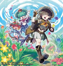  2025 3girls ahoge aqua_dress aqua_hair arm_up asevi_andromeda_kushinada backpack bag belt blush_stickers boots bow bowtie brown_bag brown_belt brown_boots brown_gloves brown_hat brown_shirt campaign_hat copyright_notice cropped_shirt crown double_bun dress duel_masters fal0811 flower gloves green_hair hair_bun hair_over_eyes hat kiyuri_(duel_masters) long_hair mermaid monster_girl multicolored_hair multiple_girls navel official_art orange_hair outdoors petals pointy_ears pomirin_(duel_masters) red_bow red_bowtie red_hair shirt short_hair skirt walking white_gloves white_skirt 
