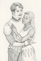 1boy 1girl armlet armor breastplate chainmail clothing commission commissioner_upload couple dark-skinned_female dark_skin dreadlocks earrings embracing facial_hair female graphite_(medium) hand_on_another&#039;s_chest hand_on_another&#039;s_hip hand_on_chest hetero high_resolution hoop_earrings horns hug husband_and_wife interracial jewelry ladislaus_dominus light-skinned_male light_skin long_hair male mustache official_art queen_imani restlittleplum short_hair smile traditional_media ways_of_darkness_(series)