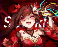  1girl bare_shoulders bell black_choker brown_hair butterfly-shaped_pupils choker criss-cross_halter detached_sleeves dress finger_gun finger_gun_to_head flower_tattoo fox_mask glitch halterneck honkai:_star_rail honkai_(series) kisaragi_byakko long_hair looking_at_viewer mark_under_both_eyes mask mask_on_head neck_bell o-ring open_mouth pink_eyes red_dress red_sleeves red_theme smile solo sparkle_(honkai:_star_rail) symbol-shaped_pupils tattoo twintails very_long_hair 