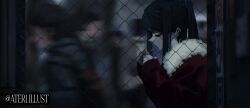  1girl artist_name ateri_illust blurry blurry_background cigarette city crowd depth_of_field hand_grip holding_hand_grip jill_stingray long_hair night outdoors twintails twitter_username va-11_hall-a 