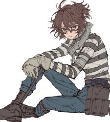 1boy :/ ahoge blood boots brown_eyes brown_hair bruise bruised_eye chain collar dried_blood gloves hands_on_own_knee identity_v injury looking_at_viewer lower_eyelashes_only luca_balsa male_focus messy_hair metal_collar minotackle ponytail shirt sitting striped_clothes striped_shirt