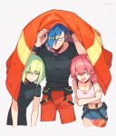  &gt;_&lt; 1girl 2boys :o aina_ardebit asymmetrical_legwear belt black_belt black_pants black_shirt black_wristband blue_hair blue_shorts breasts closed_eyes cropped_shirt denim denim_shorts english_commentary galo_thymos green_hair height_difference highres holding holding_clothes holding_jacket jacket large_breasts leaning_forward lio_fotia mismatched_legwear multiple_boys muscular muscular_male open_mouth otoko_no_ko pants pantyhose promare red_pants red_pantyhose shirt short_hair shorts side_ponytail simple_background suspender_shorts suspenders violet_eyes water_drop wet wet_hair white_background white_shirt xiu_xxx_wu 