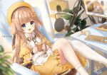  1girl :d animal_ears blue_eyes blurry blurry_foreground braid brown_hair chair controller cup dress game_controller hair_ornament indie_virtual_youtuber indoors keyboard_(computer) michiru_donut microphone monitor official_art pop_filter sample_watermark sitting smile tsukidate_ruchika virtual_youtuber watermark yellow_dress yunomi 