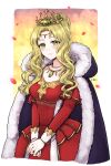  1girl blonde_hair breasts cape circlet closed_mouth cowboy_shot crown dress fire_emblem fire_emblem:_the_binding_blade fur_trim gold_trim green_eyes guinevere_(fire_emblem) highres jewelry long_hair long_sleeves medium_breasts misato_hao necklace red_dress signature smile solo 