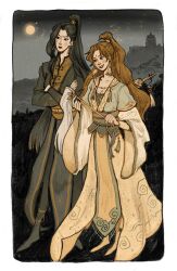  2girls absurdres anklet asymmetrical_bangs black_border black_eyes black_hair black_hanfu border brown_eyes brown_hair brown_theme chinese_clothes closed_mouth cloud_print crossed_arms earrings frown full_moon genderswap genderswap_(mtf) gold_anklet gold_trim green_hanfu green_sash green_trim grey_sky hanfu high_ponytail highres hill holding holding_whisk hossu huadian jewelry long_hair long_sleeves ming_yi monochrome moon multiple_girls night official_art open_mouth outdoors ponytail rounded_corners sash shi_qingxuan sky sky_print smile standing sword sword_on_back tassel tassel_earrings tianguan_cifu two-tone_hanfu weapon weapon_on_back whisk white_border xiao_guan_(headdress) yaroslava_murashko yellow_hanfu yellow_trim yuntouxie 
