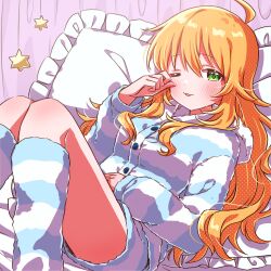  1girl :3 ahoge blonde_hair blue_pajamas blue_shorts blunt_bangs blush dot_nose fluffy_clothes frilled_pillow frills green_eyes hair_between_eyes highres hoshii_miki idolmaster idolmaster_(classic) idolmaster_million_live! idolmaster_million_live!_theater_days long_hair long_sleeves one_eye_closed pajama_shorts pajamas pillow reclining rubbing_eyes short_shorts shorts sitting sleepy solo star_(symbol) striped_clothes striped_pajamas suruga_tou wavy_hair 