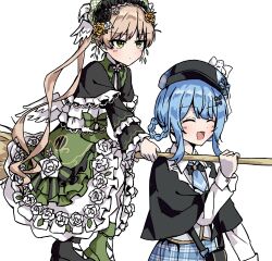  2girls :d absurdres black_capelet black_flower black_rose blonde_hair blue_hair blue_necktie braid braided_hair_rings broom broom_riding capelet carrying carrying_person closed_eyes deerstalker dress flower frilled_dress frills green_dress green_eyes hair_rings hat highres holding holding_broom lolita_fashion long_hair long_sleeves magical_girl mahou_shoujo_no_majo_saiban multiple_girls necktie open_mouth otowac4t plaid_clothes plaid_skirt rose short_hair simple_background sitting skirt smile strong tachibana_sherry toono_hanna twintails white_background yellow_flower yellow_rose 