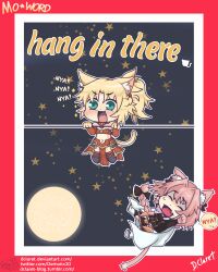  1boy 1girl absurdres animal_ear_fluff animal_ears artist_name astolfo_(fate) bandeau blonde_hair boots bow braid cape cat_boy cat_ears cat_girl cat_tail chibi closed_mouth colored_skin dclaret deviantart_username english_text falling fang fate/apocrypha fate_(series) green_eyes hair_bow hair_intakes hang_in_there_(meme) highres meme meowing moon mordred_(fate) mordred_(fate/apocrypha) navel open_mouth pink_hair ponytail poster_(medium) red_bandeau red_skin single_braid skin_fang spoken_sweatdrop star_(symbol) sweatdrop tail tumblr_username twitter_username white_boots white_cape 