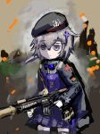  absurdres assault_rifle beret blue_jacket cosplay cup fullmetal992000 girls_frontline gun h&amp;k_hk416 hair_ornament hat highres holding holding_cup holding_weapon jacket light_smile m200_(girls&#039;_frontline) rifle skirt violet_eyes weapon 