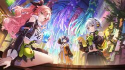  3girls anby_demara belle_(zenless_zone_zero) black_hair black_jacket black_shorts black_skirt breasts commentary_request cup disposable_cup drinking_straw green_eyes highres holding holding_cup jacket kyusoukyu long_hair long_sleeves looking_at_viewer midriff multiple_girls navel nicole_demara open_clothes open_jacket orange_eyes pink_hair pleated_skirt reading shirt short_hair shorts siblings sisters sitting skirt standing white_hair white_shirt zenless_zone_zero 