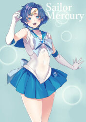 1girl back_bow bishoujo_senshi_sailor_moon blue_brooch blue_choker blue_eyes blue_hair blue_sailor_collar blue_skirt bow breasts choker circlet earrings elbow_gloves gloves jewelry kibi_anmitsu mizuno_ami open_mouth pleated_skirt sailor_collar sailor_mercury sailor_senshi_uniform short_hair skirt small_breasts smile solo thighs white_gloves 