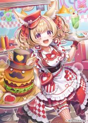  1girl :d animal_ear_fluff animal_ears apron asymmetrical_legwear black_streaks blonde_hair brown_vest burger checkered_floor checkered_thighhighs commentary_request copyright_notice diner doughnut drink earrings facial_mark fishnet_thighhighs fishnets food fox_ears fox_girl fox_tail french_fries frilled_overskirt frilled_sleeves frilled_thigh_strap frills garter_straps hat heart heart-shaped_pupils heart_earrings holding holding_tray hololive implied_extra_ears indoors jewelry layered_skirt looking_at_viewer mark_under_eye medium_hair mini_hat miniskirt mismatched_legwear multicolored_hair name_tag official_alternate_costume official_alternate_hairstyle official_art omaru_polka omaru_polka_(waitress) open_mouth overskirt para_sitism peaked_cap pink_streaks pleated_skirt puffy_short_sleeves puffy_sleeves red_hat red_skirt shirt short_sleeves single_garter_strap skirt smile solo streaked_hair symbol-shaped_pupils tail teeth thigh-highs thigh_strap tilted_headwear tray twintails upper_teeth_only vertical-striped_sleeves vest violet_eyes virtual_youtuber waist_apron waitress white_apron white_shirt 