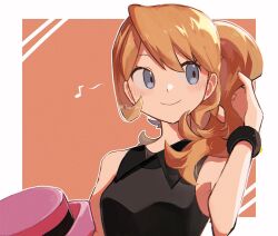  1girl alternate_hairstyle blonde_hair blue_eyes blush chinese_text eyelashes hand_in_own_hair hat highres long_hair mega_ring pokemon pokemon_xy ponytail serena_(pokemon) shirt simplified_chinese_text sleeveless sleeveless_shirt smile tnm_ilu upper_body 