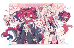  1boy 1girl :o arknights bead_bracelet beads black_coat blue_eyes blue_hair blush_stickers border bracelet brother_and_sister chibi chibi_inset coat colored_extremities colored_skin colored_tips commentary_request cowboy_shot dragon_boy dragon_bubble_(arknights) dragon_girl dragon_horns dragon_tail green_eyes hand_on_own_chin horns jewelry long_hair long_sleeves looking_at_viewer multicolored_hair nian_(arknights) one_eye_closed pink_background pointy_ears ponytail red_hair red_skin shorts siblings simple_background smile streaked_hair stroking_own_chin tail thinking v-shaped_eyebrows white_background white_coat white_hair white_shorts wide_sleeves ym_dpl yu_(arknights) 