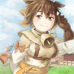  1girl bandana bell belt blue_sky breasts brown_eyes brown_gloves brown_hair capelet clothes_around_waist cow_girl cow_horns cow_tail cowbell emil_chronicle_online gloves heart_hairclip horns jacket jacket_around_waist large_breasts meadow momo_alma orange_bandana orange_jacket orange_ribbon ribbon shirt sky smile solo tail town wagon_coc white_capelet white_shirt 