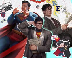  ! 2boys arm_behind_head arm_up batman batman_(series) belt black-framed_eyewear black_cape black_hair black_shoes blue_bodysuit bodysuit briefs cape carrying chair character_name chibi clark_kent closed_eyes collared_shirt commentary cowl dc_comics english_commentary flying_sweatdrops glasses grey_pants grey_suit grin hanin_nie highres holding holding_newspaper jacket lapels layered_sleeves long_sleeves looking_to_the_side male_focus male_underwear multiple_boys multiple_views necktie nervous nervous_sweating newspaper notched_lapels office_chair one_eye_closed open_clothes open_shirt pants parted_hair pointing pointing_at_viewer princess_carry red_cape red_shoes running shirt shoes short_hair sideways_glance sitting smile speech_bubble suit suit_jacket suit_pants superhero_costume superman superman_(2025) superman_(series) superman_logo sweat swivel_chair teeth thought_bubble underwear wavy_hair white_shirt wing_collar yellow_belt 
