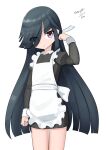  1girl absurdres alternate_costume apron black_dress black_hair brown_eyes dated dress enmaided flat_chest frilled_apron frills hair_over_one_eye hayashimo_(kancolle) highres kantai_collection long_hair long_sleeves looking_at_viewer maid maru_(marg0613) one-hour_drawing_challenge simple_background smile solo twitter_username white_apron white_background 