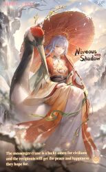  1girl alpine_skycloud_(shining_nikki) animal animal_print artist_request bare_tree bird bird_print blue_sky bonsai character_name chinese_clothes choker cliff closed_mouth clouds commentary copyright_name crane_(animal) dress earrings english_commentary english_text floating_hair full_body fur_scarf gold_choker gold_earrings gradient_sky grey_hair hand_on_lap happy highres holding holding_umbrella jewelry layered_dress lipstick logo long_dress long_sleeves looking_at_viewer makeup nikki_(series) official_alternate_color official_art oil-paper_umbrella orange_dress outdoors oversized_animal pink_lips print_dress print_umbrella red_scarf red_umbrella riding riding_animal scarf second-party_source shining_nikki short_hair_with_long_locks single_sidelock sitting sky smile snow snowing solo sunrise tree umbrella umbrella_over_shoulder white_dress wide_sleeves wind winter yellow_eyes yellow_sky yexiao_(shining_nikki) 