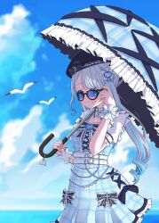  1girl adjusting_eyewear belt bird black_hat blue_eyes blue_gemstone blue_hair blue_sky blue_umbrella blush bow buckle center_frills choker cowboy_shot dress frilled_choker frilled_umbrella frilled_wrist_cuffs frills gem grey_hair hair_bow hat heart heart-shaped_buckle highres holding holding_umbrella horizon kaga_sumire kaga_sumire_(7th_costume) lace-trimmed_bow lace_trim long_hair lupinus_virtual_games multicolored_hair multiple_belts plaid_clothes plaid_dress plaid_umbrella s_gunung_s seagull short_sleeves sky solo streaked_hair sunglasses tinted_eyewear twintails umbrella virtual_youtuber vspo! wallet_chain white_belt wrist_bow wrist_cuffs 