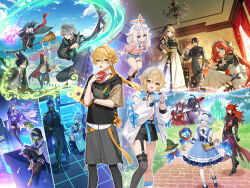  6+boys 6+girls absurdres aether_(genshin_impact) ajaw_(genshin_impact) alhaitham_(genshin_impact) alternate_costume alternate_hairstyle amaichi_esora animal_ear_headphones animal_ears apron basket black_hair black_hoodie black_mask black_pants black_robe black_shirt black_umbrella blonde_hair blue_dress blue_eyes book braid broom broom_riding cellphone crown cyno_(genshin_impact) diluc_(genshin_impact) diluc_(parallels_meet)_(genshin_impact) dress enmaided eyewear_on_head fake_animal_ears flins_(genshin_impact) flins_(parallels_meet)_(genshin_impact) flower fox_boy fox_ears furina_(genshin_impact) genshin_impact gentilhomme_usher glasses grin gun hair_flower hair_ornament halo hat headphones headset highres holding holding_basket holding_book holding_broom holding_gun holding_phone holding_quill holding_staff holding_weapon holographic_interface hood hoodie hoyofair hu_tao_(genshin_impact) jacket kaveh_(genshin_impact) keqing_(genshin_impact) kinich_(genshin_impact) kinich_(parallels_meet)_(genshin_impact) long_hair looking_at_viewer lumine_(genshin_impact) mademoiselle_crabaletta mage_staff magic maid maid_apron maid_headdress mona_(genshin_impact) multiple_boys multiple_girls navia_(genshin_impact) nilou_(genshin_impact) official_art open_mouth paimon_(genshin_impact) pants phone ponytail quill red_dress red_hair revolver robe shirt short_hair short_hair_with_long_locks smartphone smile staff surintendante_chevalmarin textless_version tighnari_(genshin_impact) twin_braids twintails umbrella very_long_hair watch watch weapon white_jacket white_shirt witch_hat wriothesley_(genshin_impact) x_hair_ornament yellow_eyes yumemizuki_mizuki yumemizuki_mizuki_(parallels_meet) 