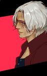  1boy beard_stubble black_shirt blue_eyes buttons dante_(devil_may_cry) devil_may_cry_(series) facial_hair high_collar highres jacket light_smile male_focus nini_tw99 red_background red_jacket shirt short_hair smile solo stubble white_hair 