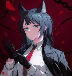  1girl absurdres adjusting_clothes adjusting_gloves animal_ears arknights bang_dream! bang_dream!_it&#039;s_mygo!!!!! black_gloves black_hair black_jacket blood blood_on_face blood_on_hands blue_eyes chain closed_mouth collared_shirt gloves highres jacket jacket_on_shoulders kemonomimi_mode looking_at_viewer medium_hair necktie petals red_background red_necktie shirt solo upper_body white_shirt wolf_ears wolf_girl xiongji_z_z yahata_umiri yahata_umiri_(moonlight_executioner) 