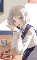  1girl absurdres blue_overskirt blue_ribbon blue_skirt blush braid cake cake_slice collared_shirt cowboy_shot cropped_jacket cup dot_nose eimizzzzz elbow_rest fingernails food fruit gakuen_idolmaster grey_eyes grey_hair hair_ribbon half-skirt half_updo hands_up hashtag-only_commentary hatsuboshi_gakuen_school_uniform highres idolmaster indoors jacket katsuragi_lilja long_sleeves looking_at_viewer open_mouth own_hands_together picture_frame ribbon school_uniform shade shirt short_hair sitting skirt solo strawberry strawberry_shortcake strawberry_slice swept_bangs table white_jacket white_shirt 
