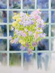  flower glass highres naoy_watercolor no_humans original painting_(medium) plant purple_flower realistic still_life traditional_media watercolor_(medium) window yellow_flower 