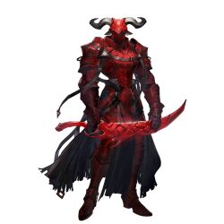  1boy animal_ears arknights armor broken_armor covered_face cow_boy cow_ears cow_horns falchion_(weapon) full_armor full_body helmet holding holding_weapon horns looking_at_viewer mask_over_one_eye official_art pelvic_curtain red_armor ryuuzaki_ichi solo standing third-party_source transparent_background vambraces waist_cape weapon white_hair 