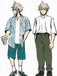  1boy alternate_costume aqua_shorts black_shoes blonde_hair blue_eyes casual closed_mouth cloud_strife collared_shirt cup disposable_coffee_cup disposable_cup final_fantasy final_fantasy_vii full_body green_shoes grey_pants hand_in_pocket highres holding holding_cup jewelry light_frown male_focus multiple_views necklace pants pants_rolled_up pulupulupoodle shirt shirt_under_shirt shoes short_hair shorts sketch sneakers socks solo spiky_hair standing striped_clothes striped_shirt white_background white_shirt white_socks 