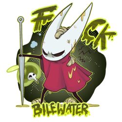  1girl angry arm_up arthropod_girl bags_under_eyes black_eyes black_skin blank_eyes cloak colored_skin commentary dirty dripping english_commentary english_text furrowed_brow furry furry_female green_background green_outline highres holding holding_weapon hollow_knight hollow_knight:_silksong hornet_(hollow_knight) looking_afar maggot needle_(hollow_knight) outline outstretched_arm planted profanity red_cloak scratches shirotani slime_(substance) solo_focus swamp_squit_(hollow_knight) tears weapon 