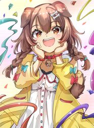  1girl absurdres animal_ears blue_bow blush bone_hair_ornament bow braid brown_eyes brown_hair collar collared_dress confetti dog_ears dog_girl dog_tail dress hair_between_eyes hair_ornament hands_on_own_face highres hololive inugami_korone inugami_korone_(1st_costume) jacket long_hair looking_at_viewer multicolored_buttons open_clothes open_jacket open_mouth red_bow red_bracelet red_collar sasai_tuki simple_background single_off_shoulder smile solo streamers tail teeth twin_braids upper_teeth_only virtual_youtuber white_dress yellow_jacket 