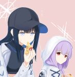  2girls artist_request atsuko_(blue_archive) baseball_cap black_hair black_shirt blue_archive blue_eyes blue_hair braid crop_top eating food halo hat highres hood jacket long_hair looking_back low_twin_braids multiple_girls pink_background pizza purple_hair red_eyes saori_(blue_archive) shirt twin_braids upper_body white_jacket 