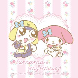  1boy 1girl black_eyes blue_ribbon cake copyright_name eating flower food fork frog full_body hat highres hood keroro_gunsou my_melody official_art onegai_my_melody pink_background pink_hood ribbon sanrio simple_background tail tamama yellow_hat 